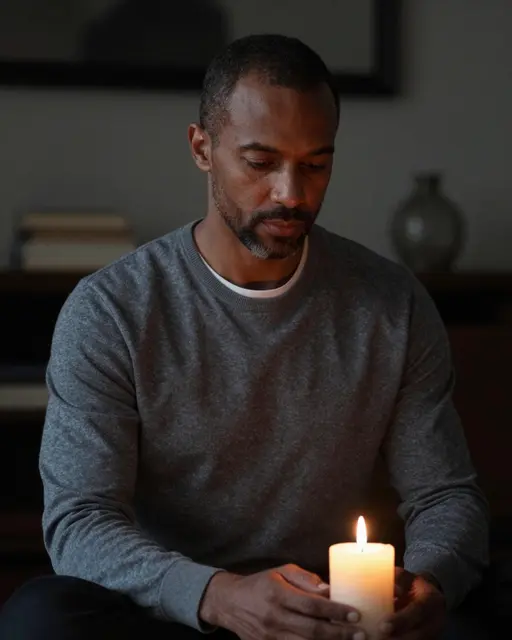Mixed-race man in his forties sits holding a lit candle in a dim dark room, gazing down at its flame