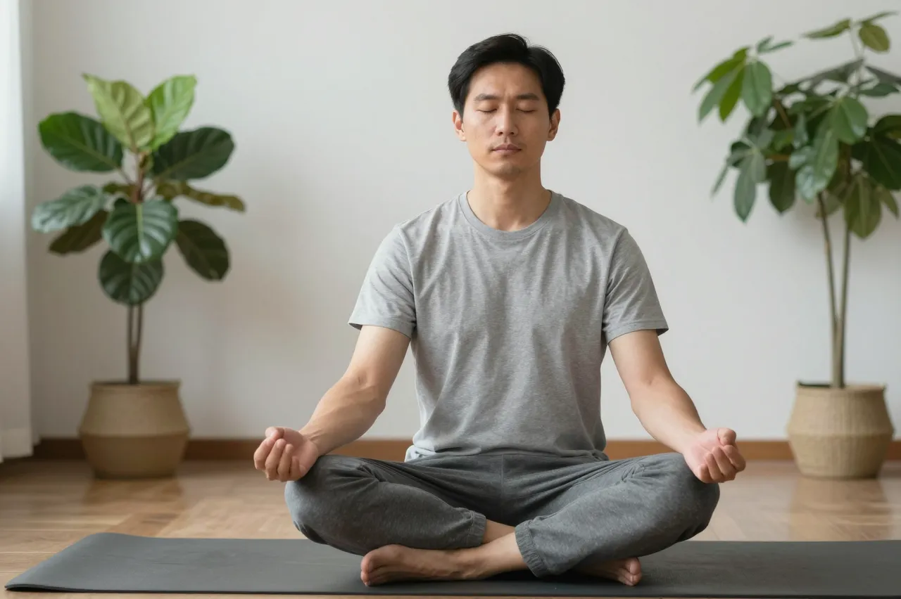 An adult man sits cross-legged on a yoga mat meditating in a bright room with houseplants.