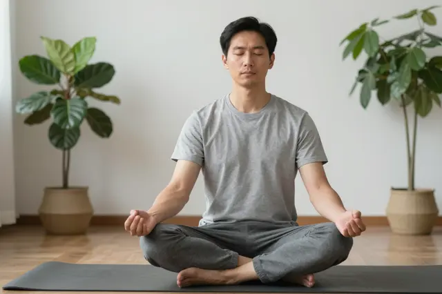 An adult man sits cross-legged on a yoga mat meditating in a bright room with houseplants.