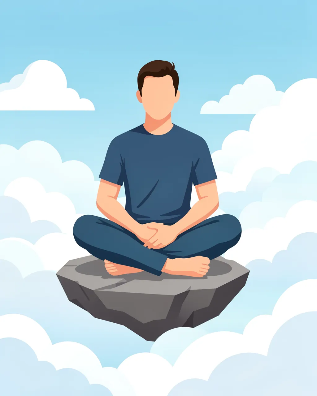 Faceless man sits cross-legged meditating on a floating stone above fluffy clouds