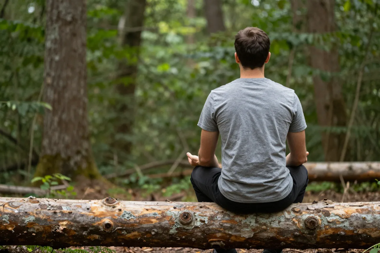 A man viewed from behind sits cross-legged in meditation pose on a fallen log in a lush green forest