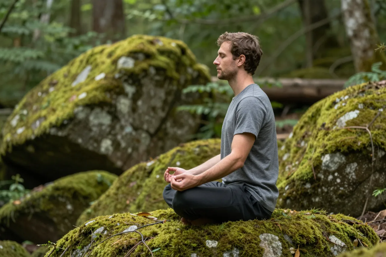 Side view of a man sitting cross-legged in meditation on moss-covered rocks in a dense green forest