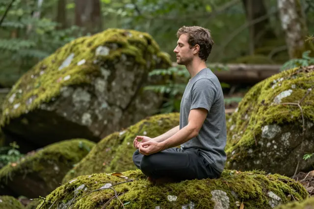 Side view of a man sitting cross-legged in meditation on moss-covered rocks in a dense green forest