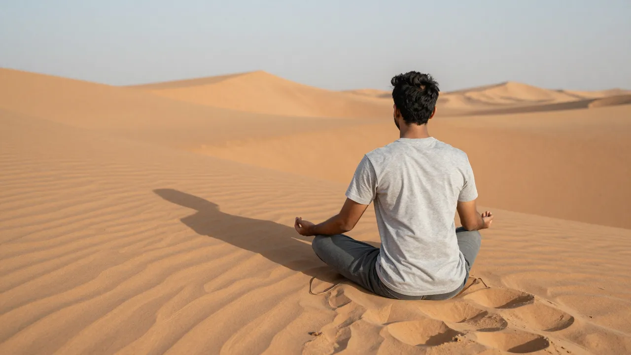 A South Asian man sits in lotus pose meditating on desert sand dunes at dawn, viewed from behind with a long shadow.