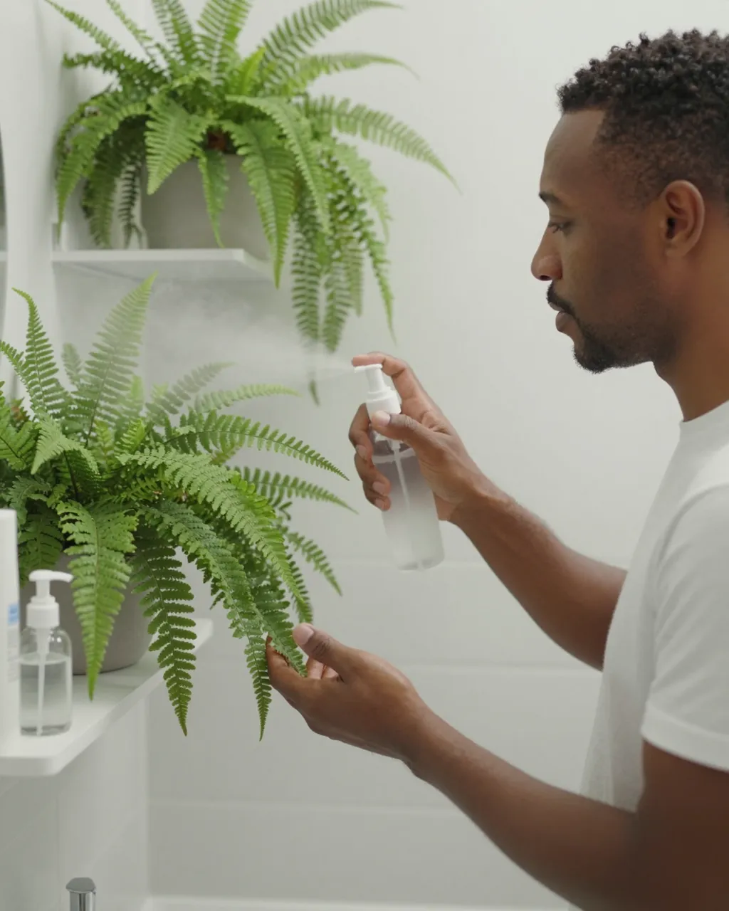A man in profile sprays mist onto potted ferns on white bathroom shelves using a clear mister bottle