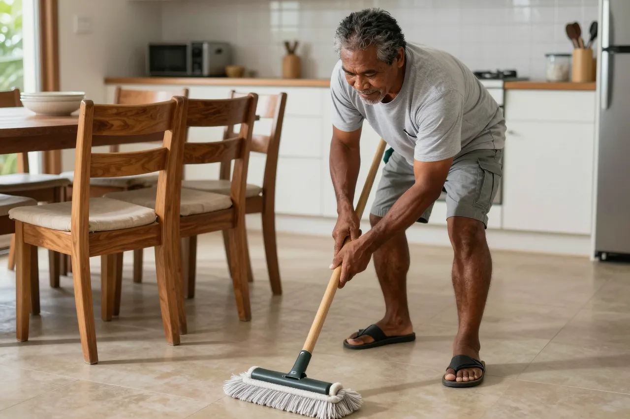 A mature Pacific Islander man mops the tiled floor of a bright residential kitchen and dining area.