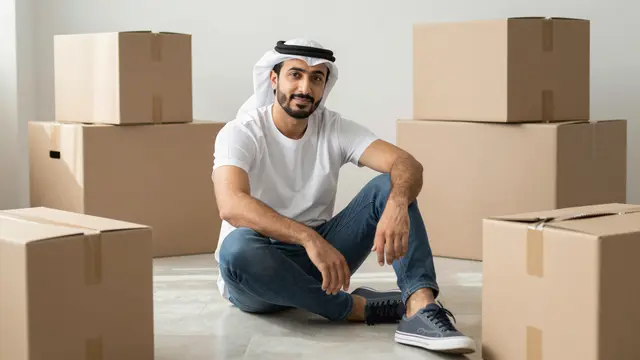 Middle Eastern man in his thirties sits on a tiled new living room floor surrounded by packed cardboard moving boxes in soft