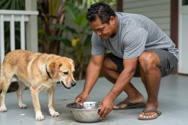 A Pacific Islander man crouches placing a metal water bowl on a back porch next to his waiting light brown dog