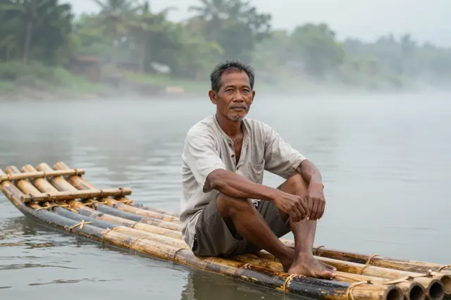 A senior Southeast Asian man sits on a bamboo raft floating on a foggy tropical river