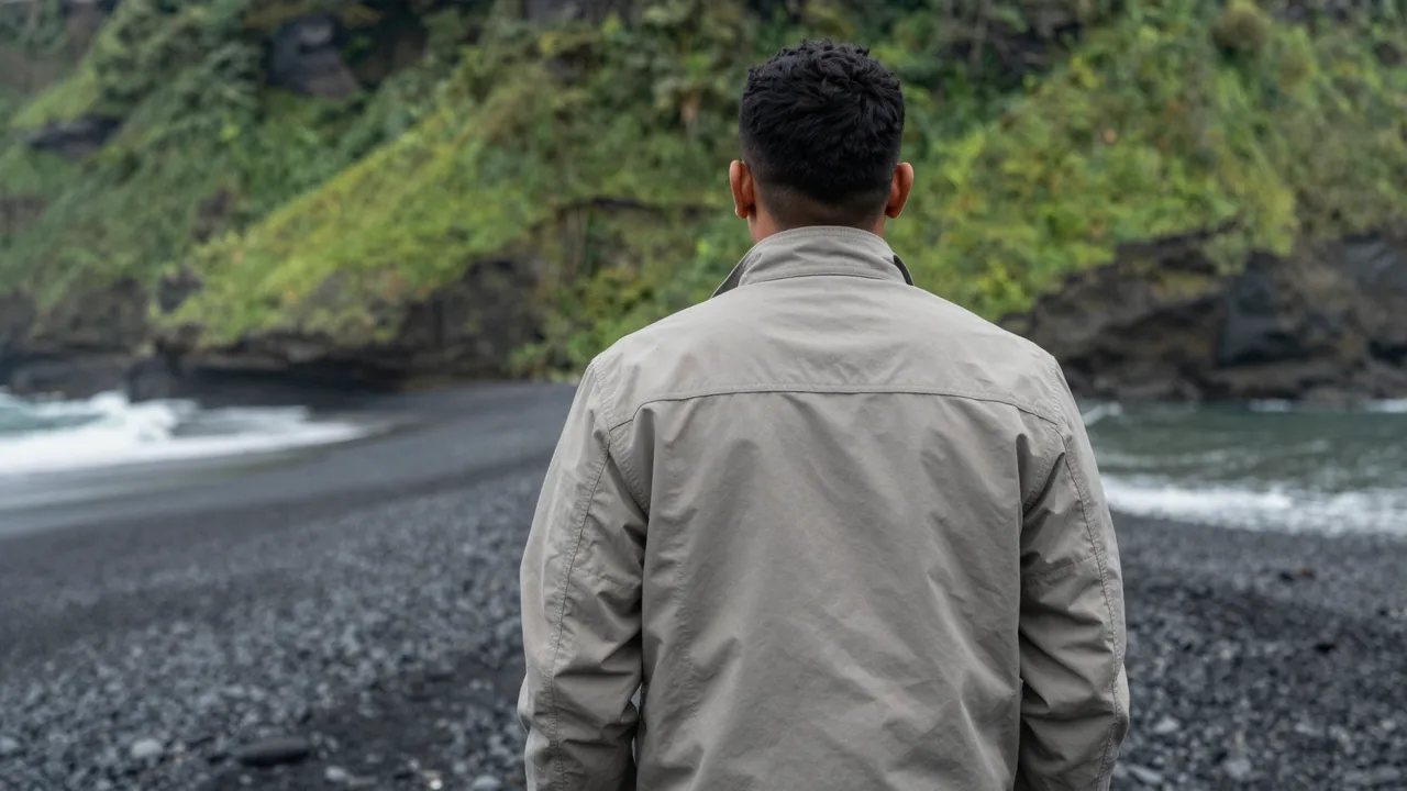 A man seen from behind stands on a black pebble beach facing green coastal cliffs