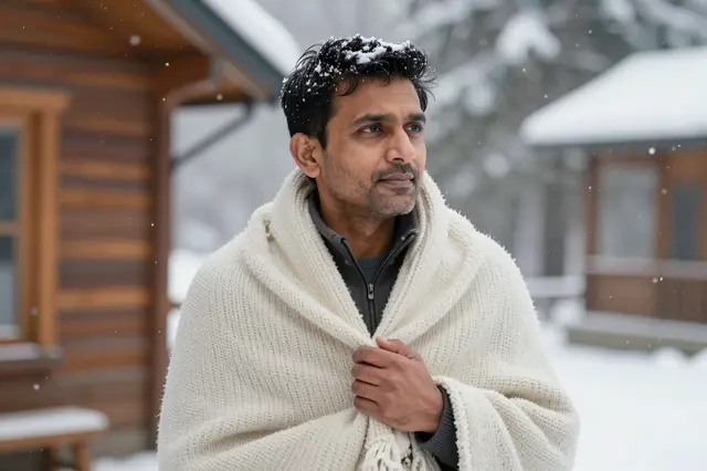 A South Asian man wrapped in a wool blanket stands on a snowy cabin porch watching falling snow.