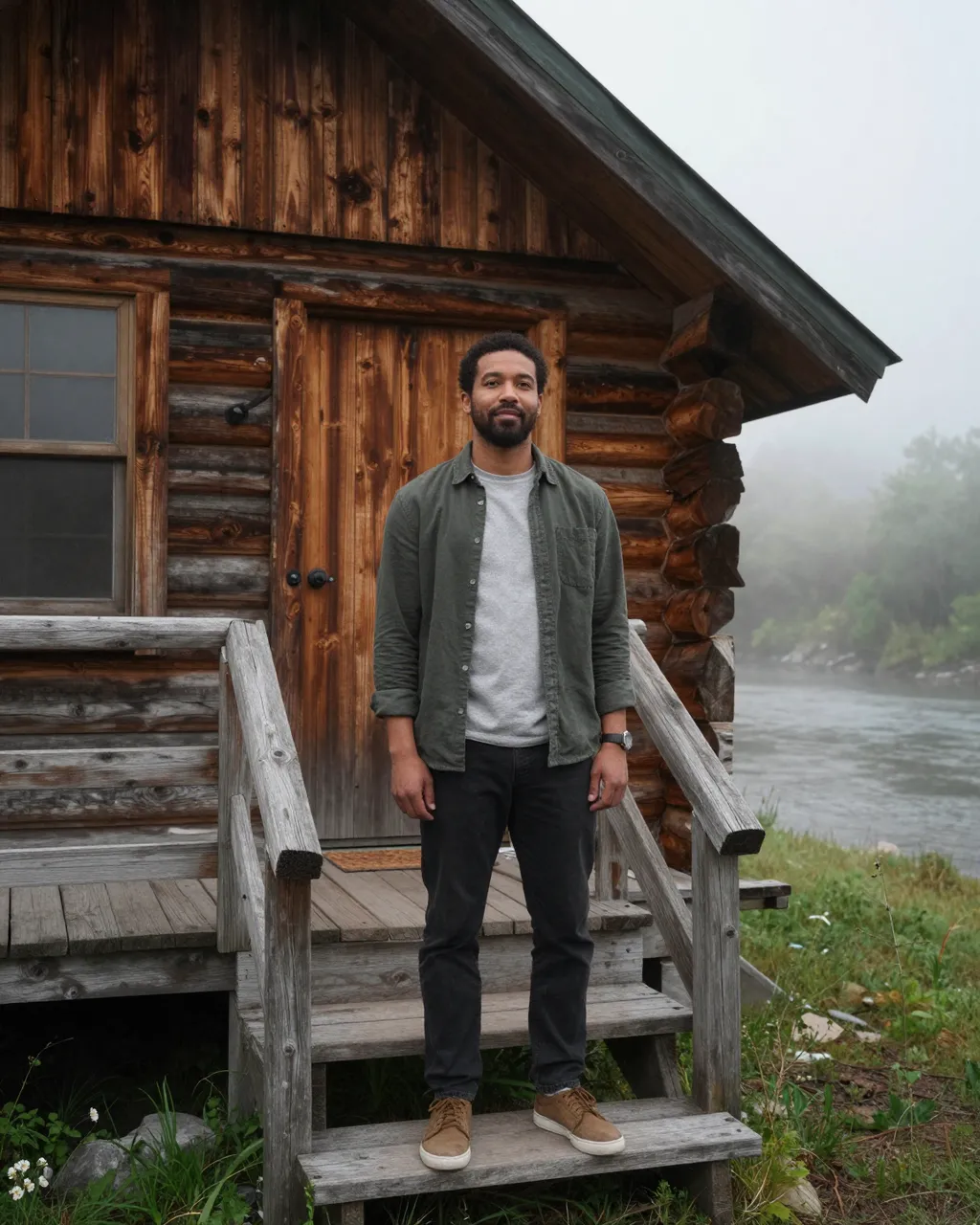 A mixed-race man in his thirties stands on the wooden steps of a log cabin beside a foggy river at dawn