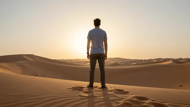 A man seen from behind stands alone on a sand dune facing the setting sun over rolling desert terrain.