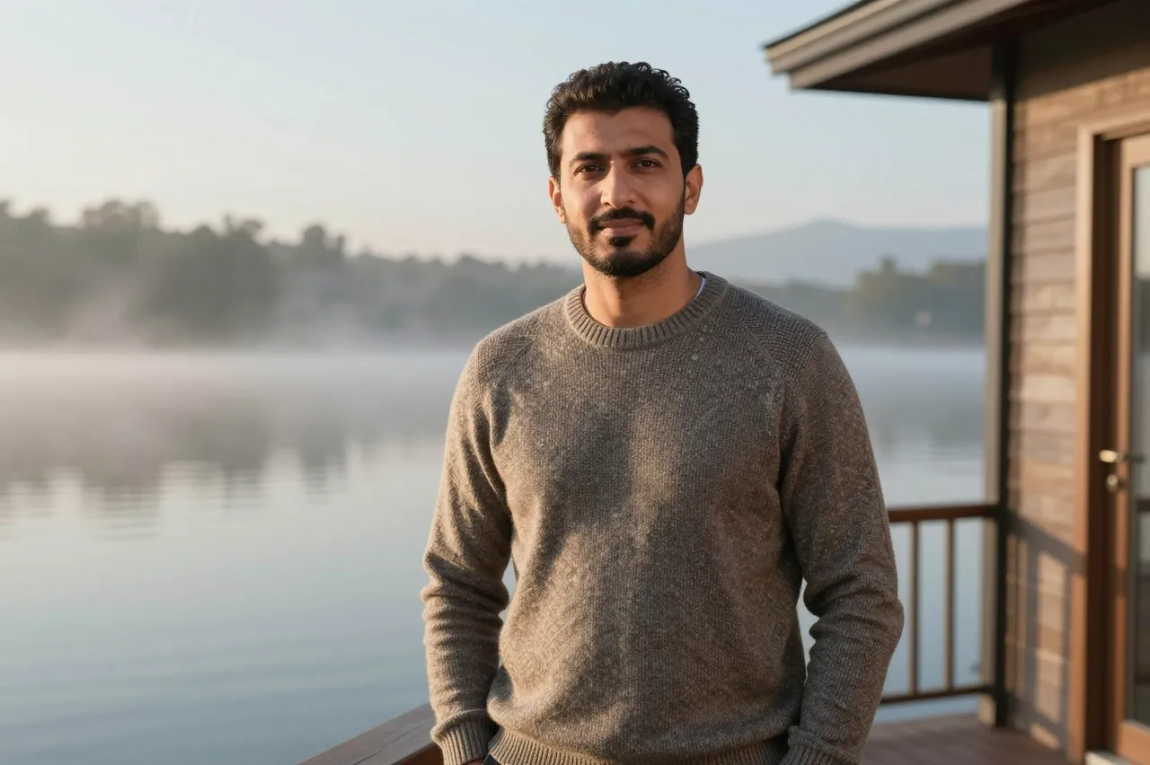 A Middle Eastern man in a wool sweater stands on a wooden cabin deck overlooking misty calm lake water at dawn.