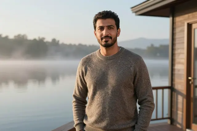 A Middle Eastern man in a wool sweater stands on a wooden cabin deck overlooking misty calm lake water at dawn.