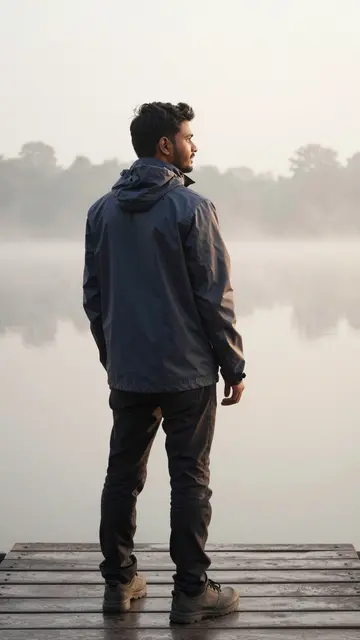 A South Asian man in a rain jacket stands on a wooden jetty looking out over a misty lake at dawn.