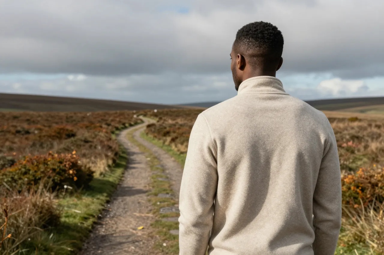 A Black man in his thirties viewed from behind stands on an autumn moorland track under cloudy skies