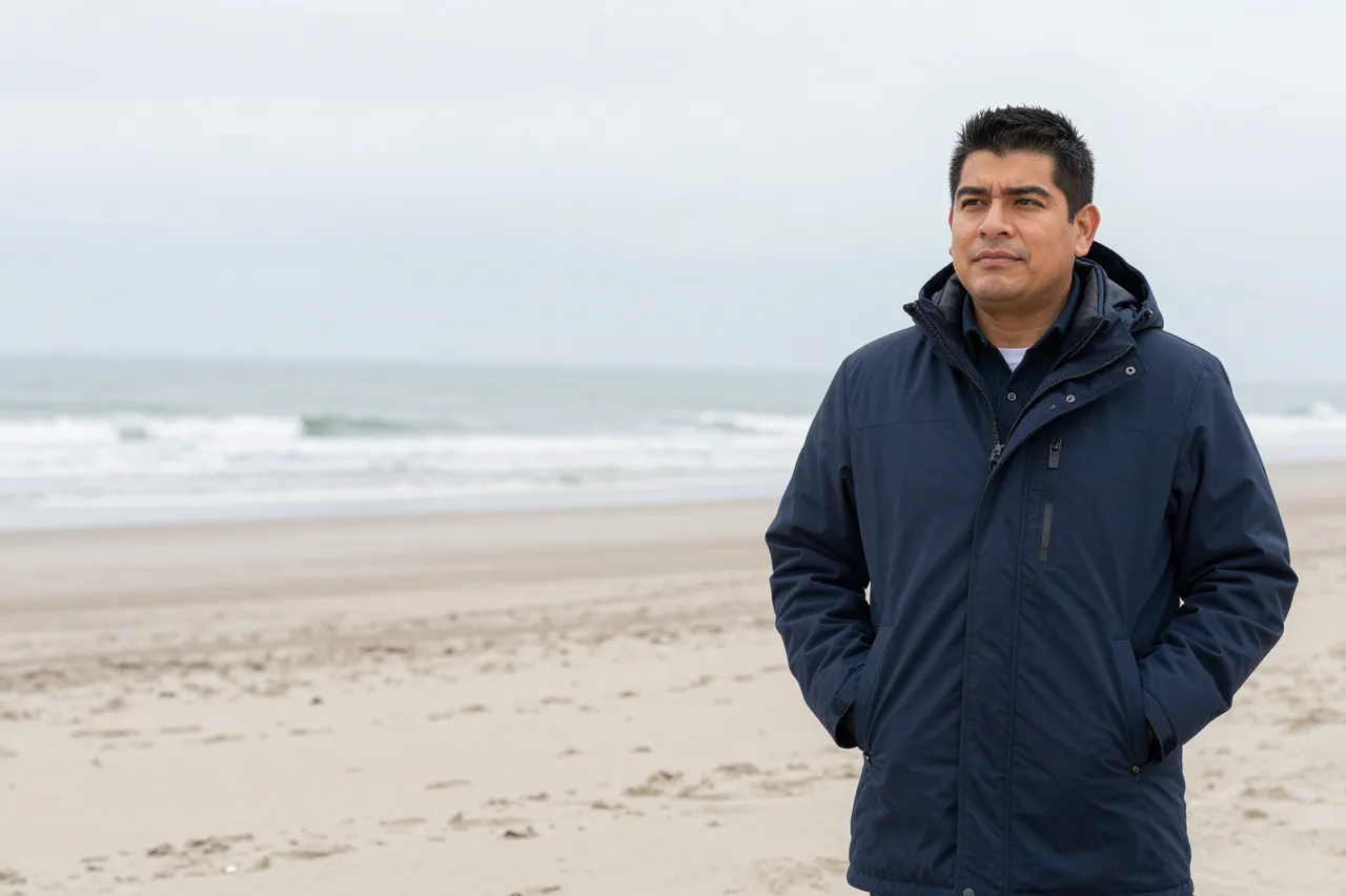 A Latino man in his forties in a navy parka stands on a windswept overcast beach with copy space to his left