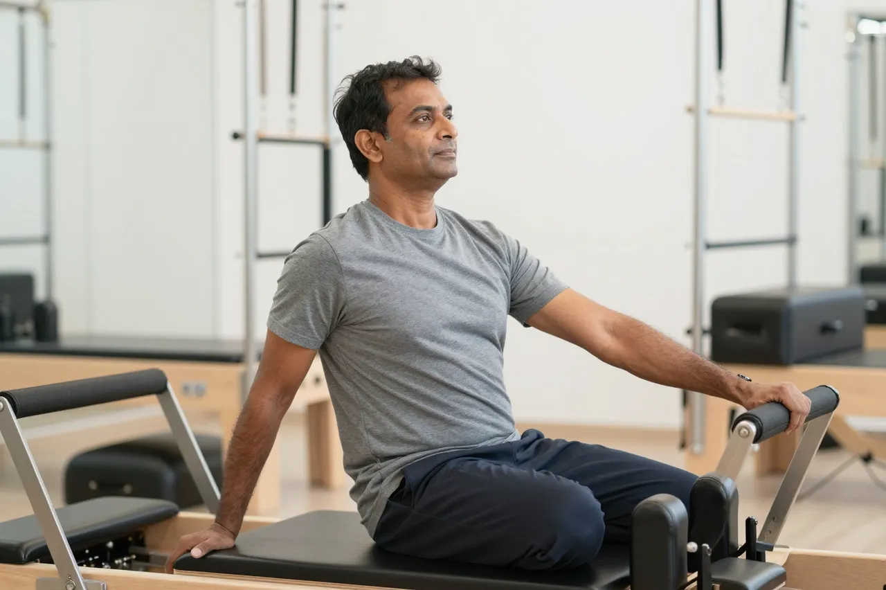 South Asian man in his fifties sits on a pilates reformer in a bright fitness studio
