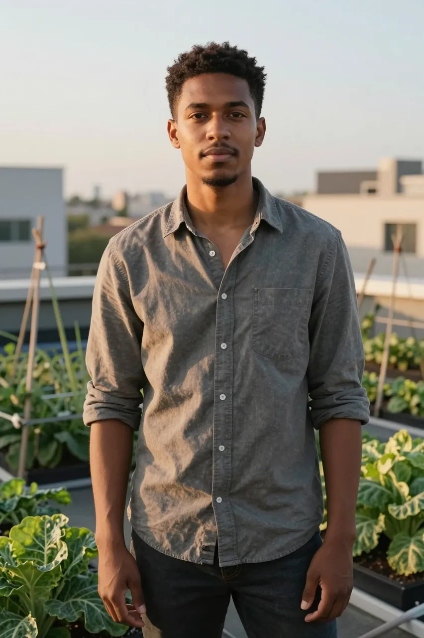Mixed-race man in his late twenties stands in a rooftop vegetable garden in warm sunset light