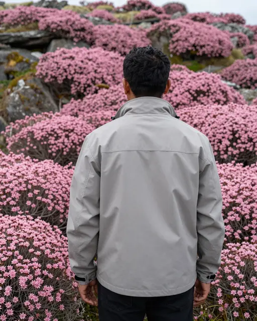 A man viewed from behind stands facing dense pink wildflowers on a rocky coastal headland