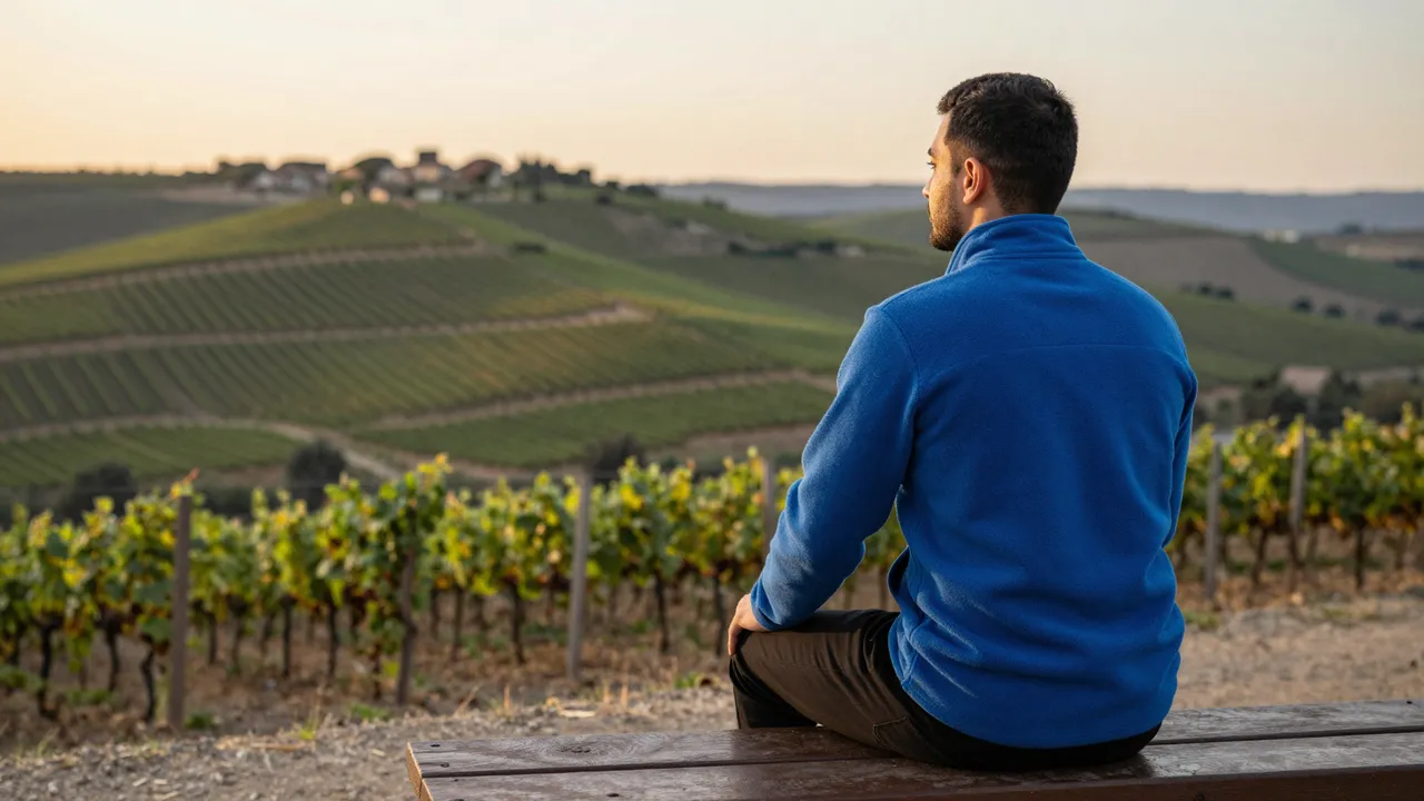 A man in a blue fleece sits on a hilltop bench looking out over rolling vineyards at sunset