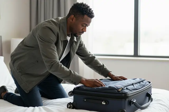 A Black man in his thirties kneels on a hotel bed packing a dark suitcase by window light.