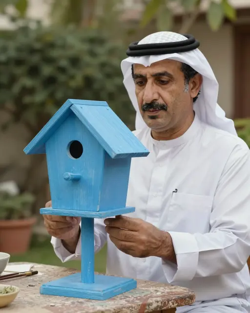 A senior Middle Eastern man examines a sky blue wooden birdhouse at an outdoor garden table.