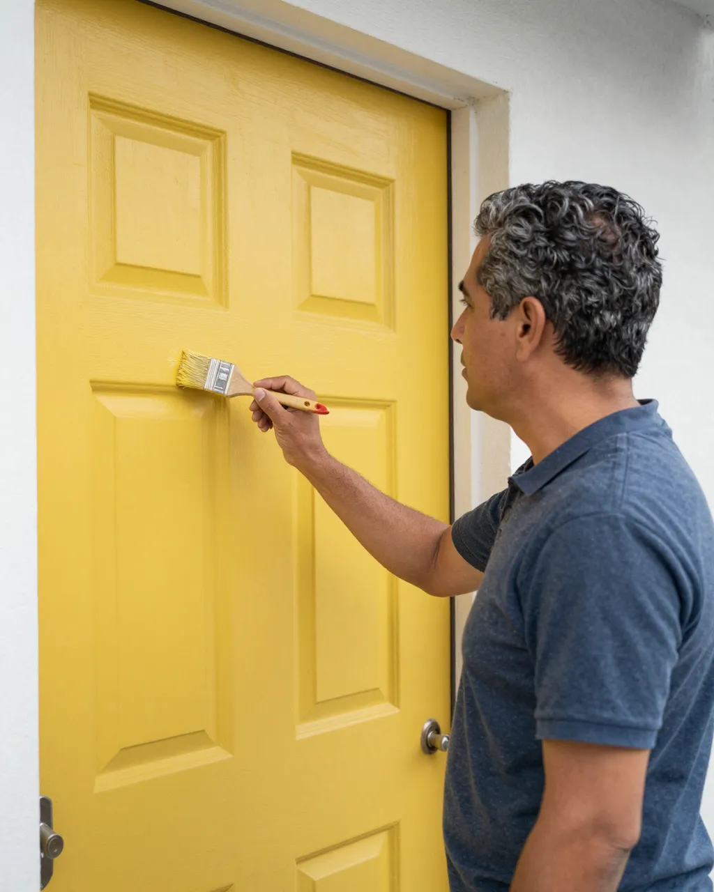 Side view of a middle aged man applying bright yellow paint to a front door with a brush in soft morning light
