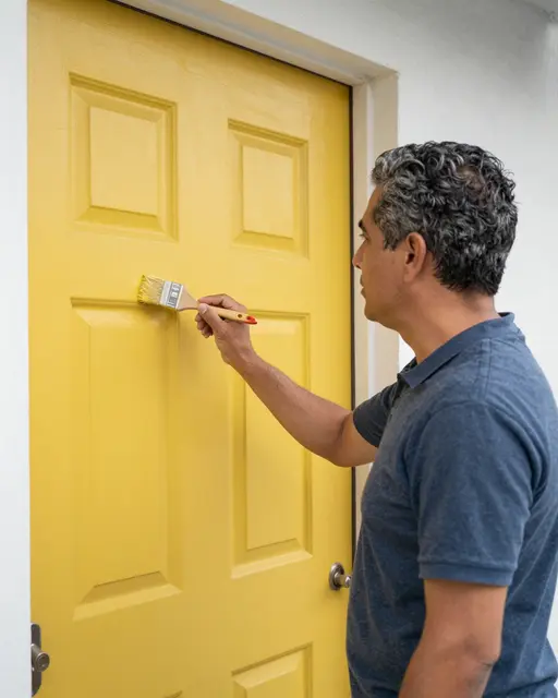 Side view of a middle aged man applying bright yellow paint to a front door with a brush in soft morning light