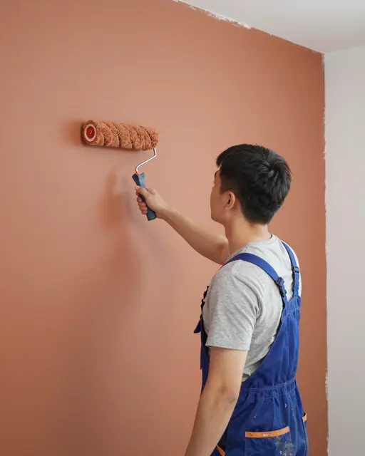Side view of an East Asian man using a paint roller to apply terracotta paint to an interior wall