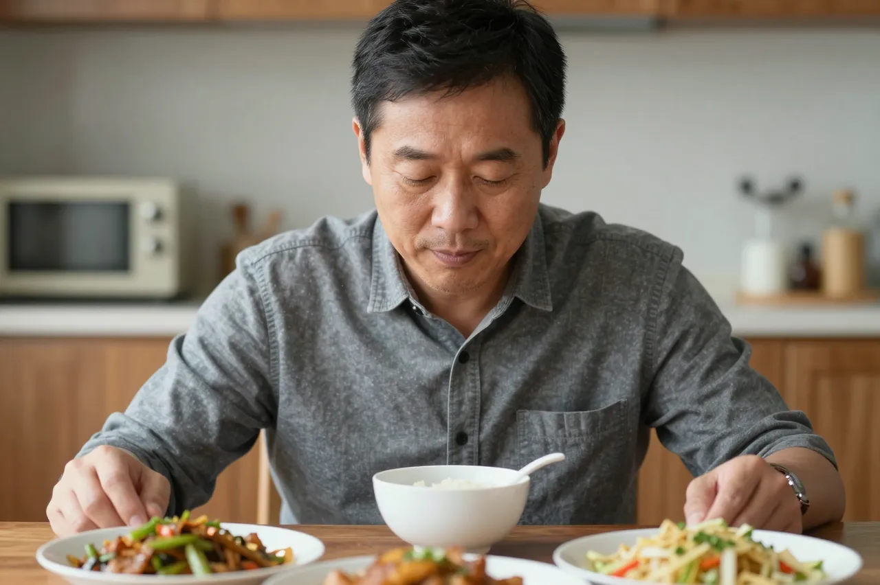 East Asian man in his forties sits with eyes closed at a kitchen table set with home-cooked dishes in warm light.
