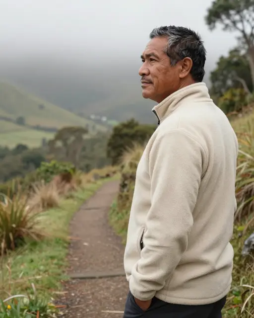 A middle-aged Pacific Islander man in a fleece stands on a hill trail looking out over a foggy valley