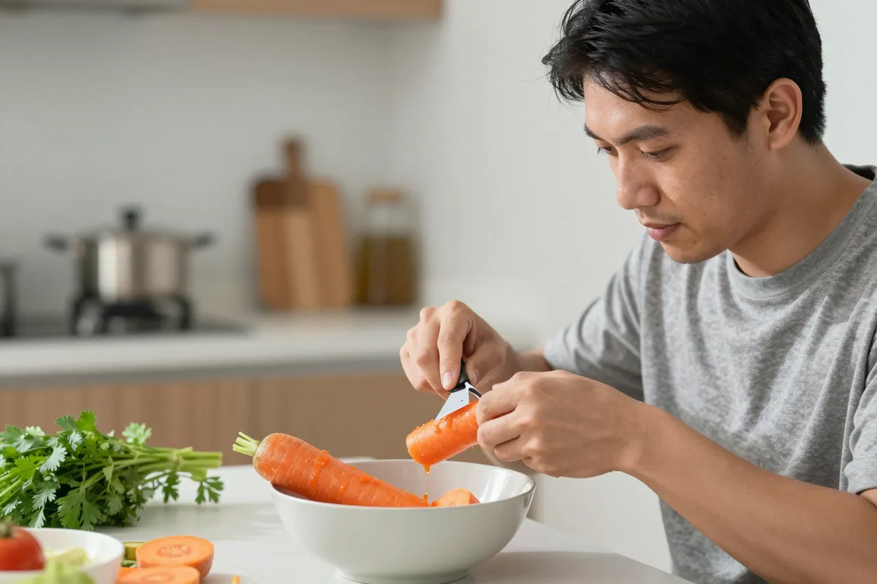 A Southeast Asian man peels a carrot over a white bowl at his bright kitchen table