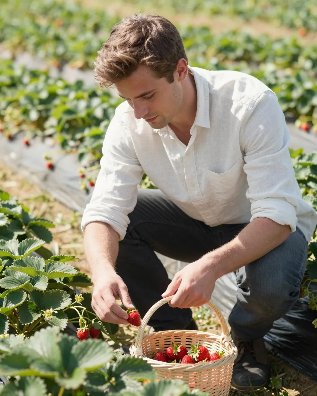 A man in a linen shirt crouches to pick ripe strawberries into a wicker basket in a sunny strawberry field