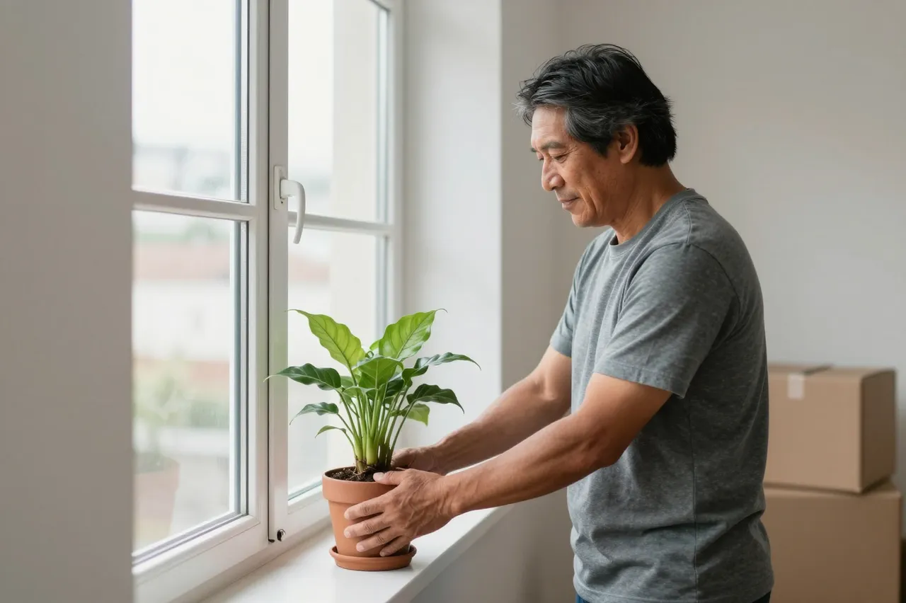 A middle-aged man sets a terracotta potted houseplant on a new apartment windowsill near moving boxes.
