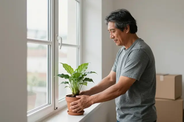 A middle-aged man sets a terracotta potted houseplant on a new apartment windowsill near moving boxes.