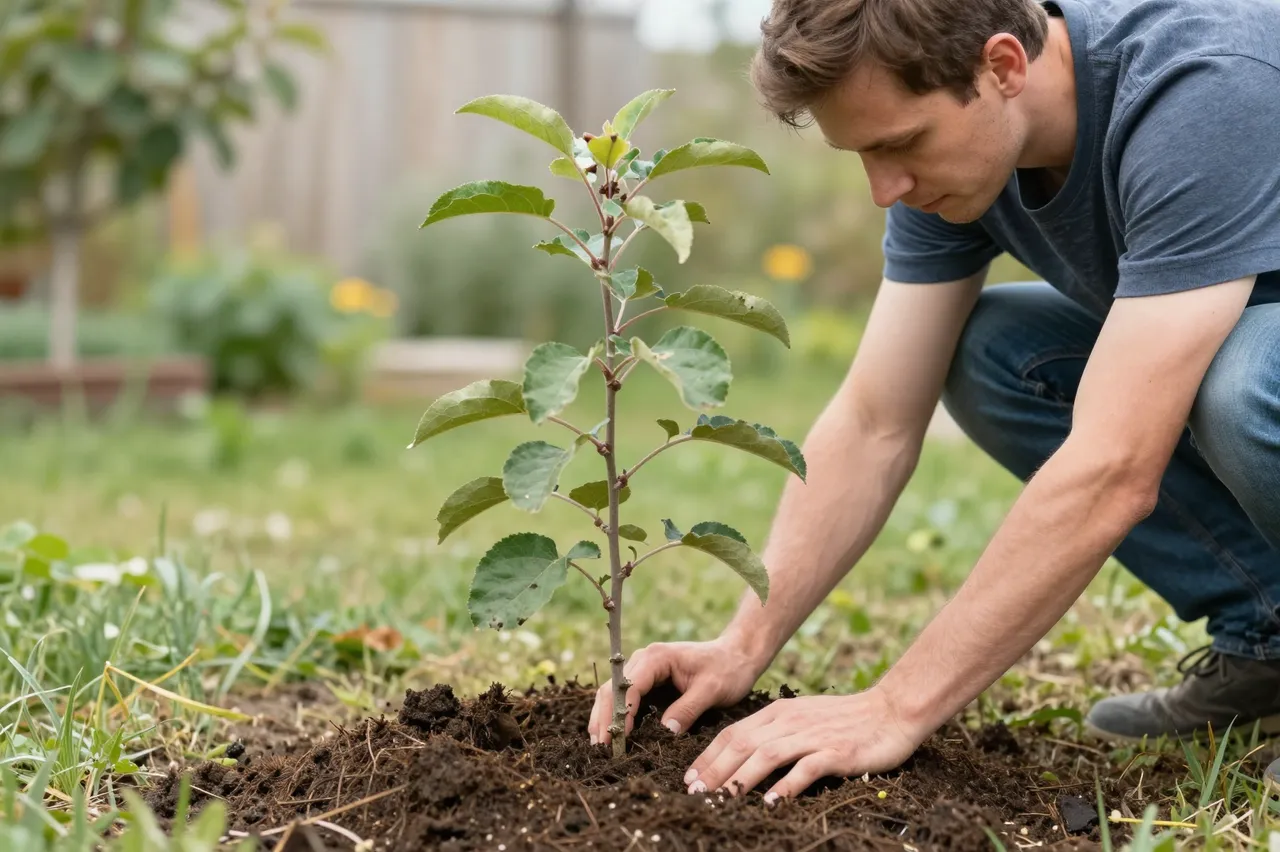 A man crouches in a backyard patting soil around a newly planted apple sapling.