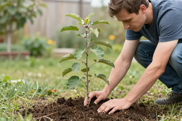 A man crouches in a backyard patting soil around a newly planted apple sapling.