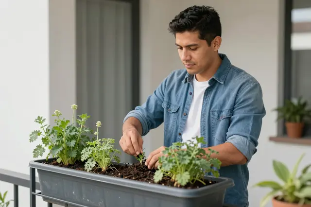 A Latino man in his thirties tends to herb plants in a window box on a sunlit apartment balcony.