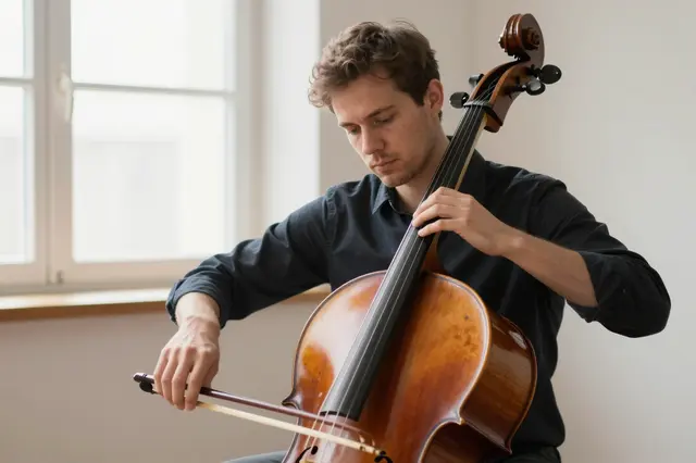 A focused man plays cello beside a bright sunlit window in a quiet indoor space