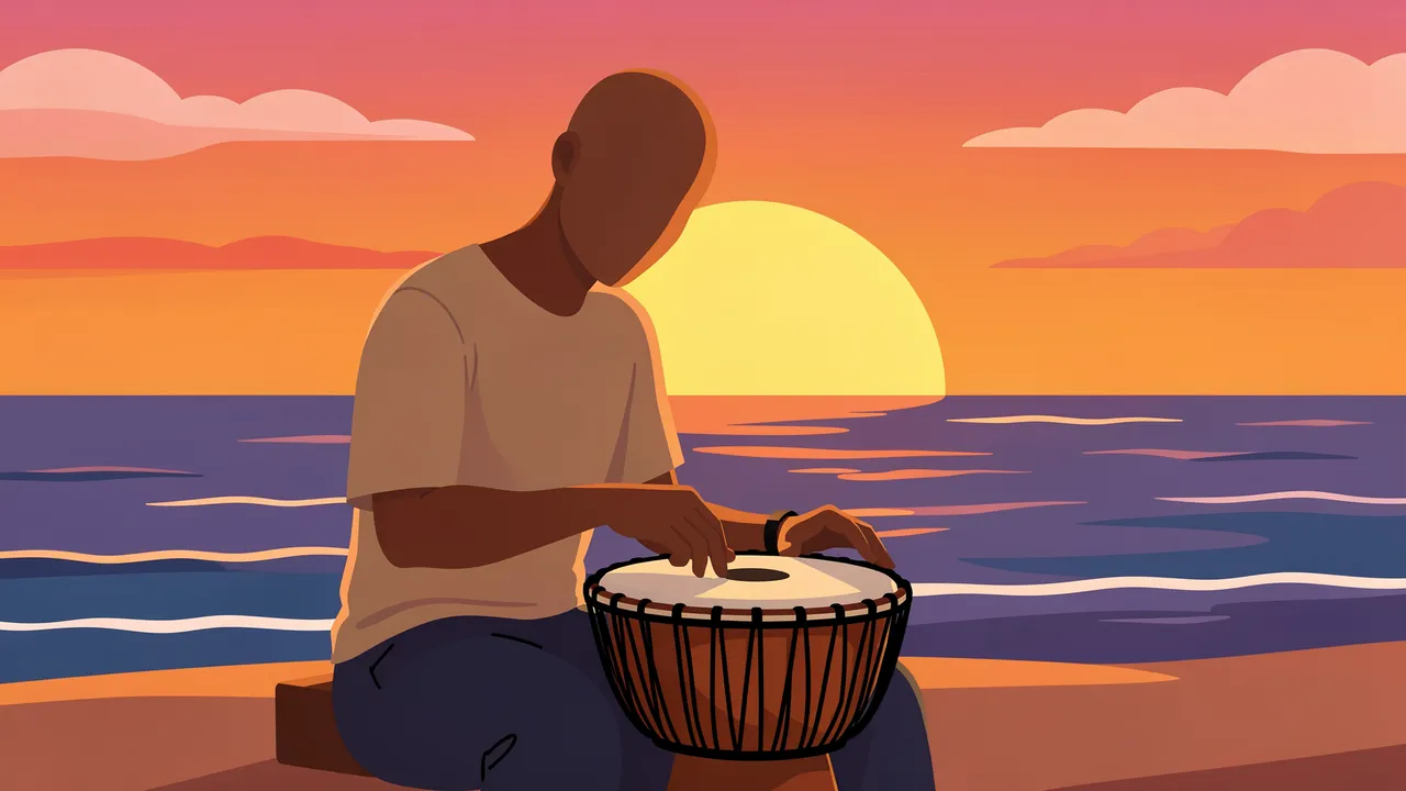 Faceless adult playing a djembe while seated on a beach beside the ocean at sunset