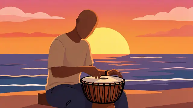 Faceless adult playing a djembe while seated on a beach beside the ocean at sunset