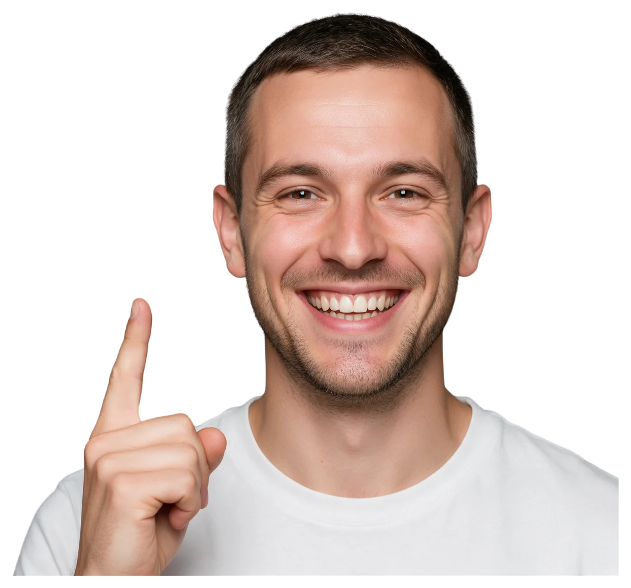 Cheerful man in a white t-shirt points upward with one finger while smiling broadly