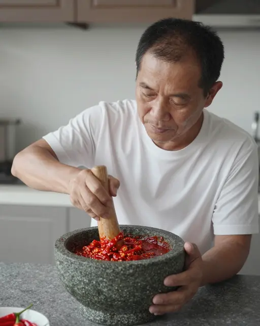 A middle aged Southeast Asian man uses a stone mortar and pestle to grind fresh chili paste at a kitchen counter.