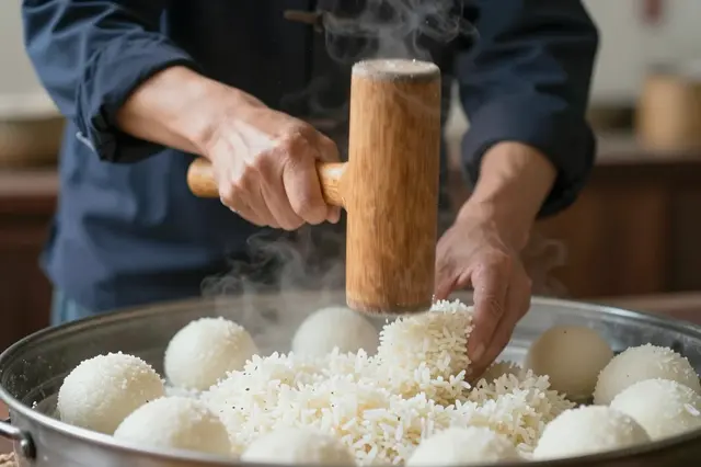 An East Asian man pounds hot steamed rice with a wooden mallet to make traditional New Year mochi