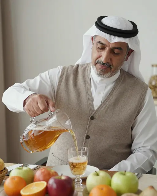 Older Middle Eastern man pours apple cider from a glass jug into a glass at a table set with fresh fruit.