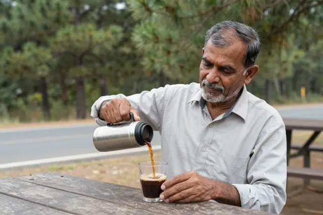 Elderly South Asian man pours coffee from a steel thermos into a glass at a pine-shaded roadside picnic table