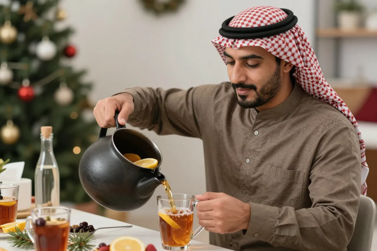 Middle Eastern man in traditional headwear pours warm spiced cider into a glass mug near a decorated Christmas tree