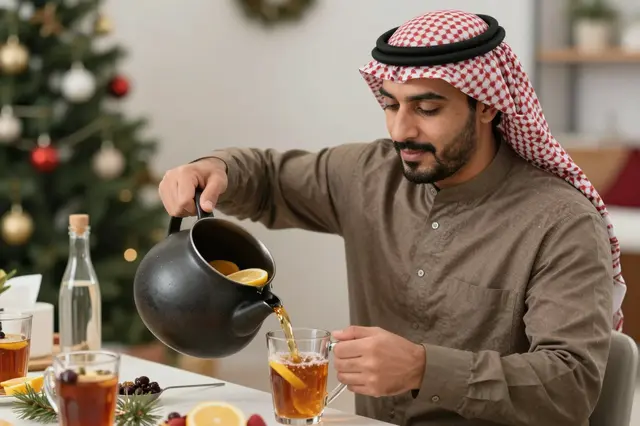 Middle Eastern man in traditional headwear pours warm spiced cider into a glass mug near a decorated Christmas tree